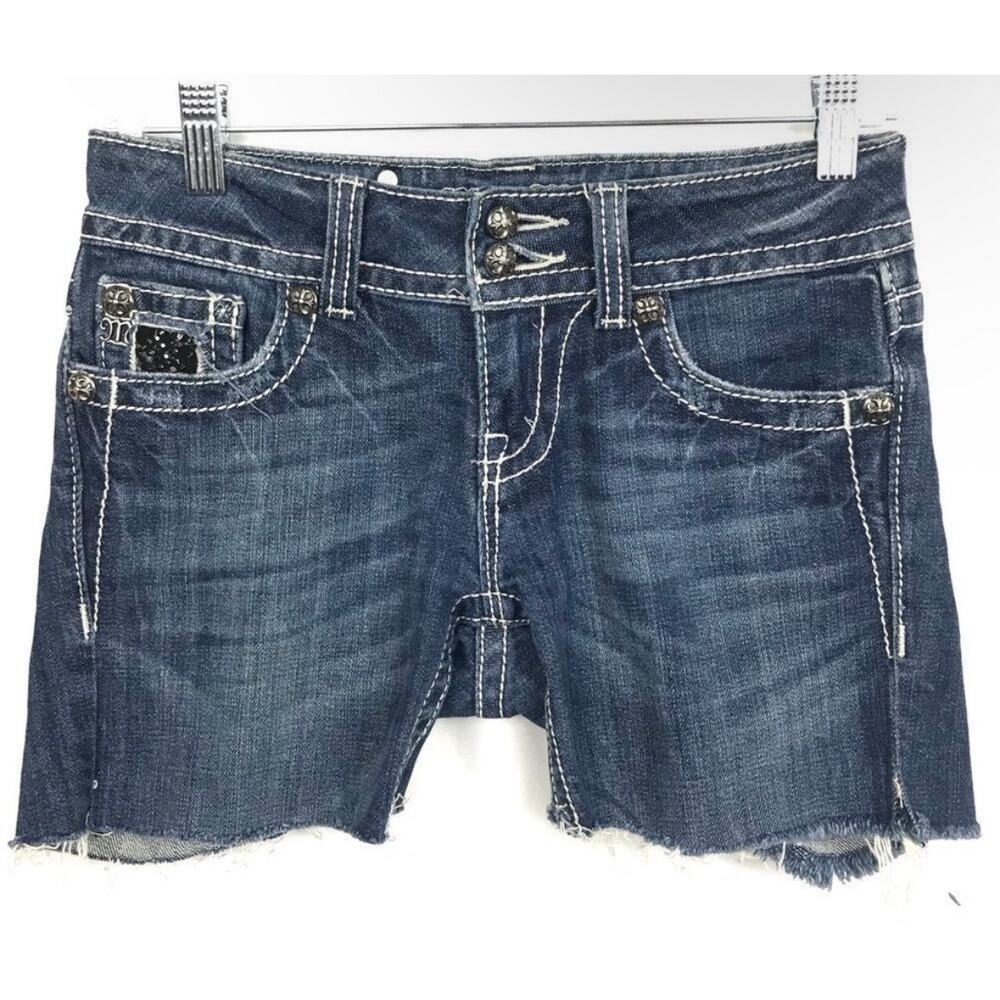 Miss Me Dark Wash Lace Stud Denim Cutoff Shorts Mid Rise Boho Y2K 26